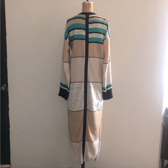 Free people] Linen Tan Black Jade Strips Maxi loose fit sweater kimono Duster - Picture 6 of 9
